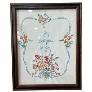 joy delights in joy embroidered framed Piece Flowers 12.5” X 15.5” Grandma Core